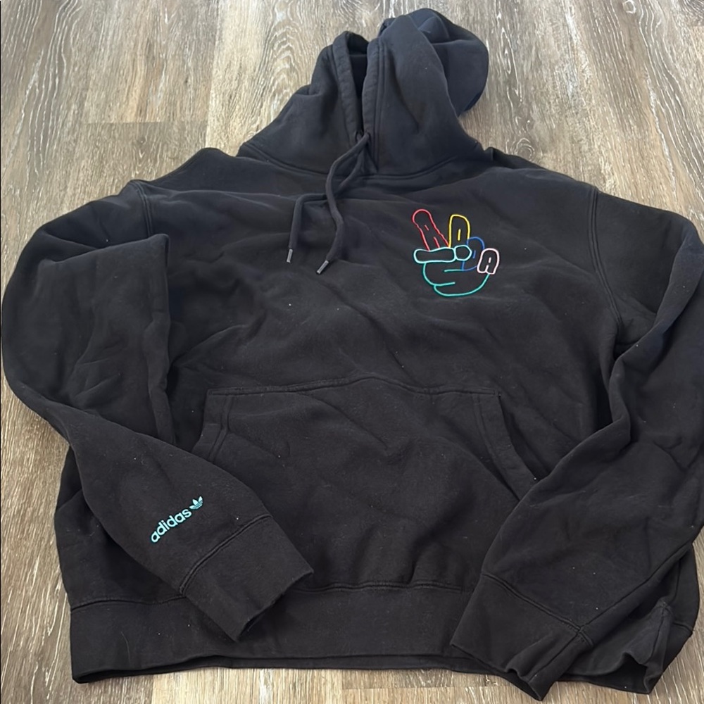 Adidas Black Hoodie with Colorful Peace Sign